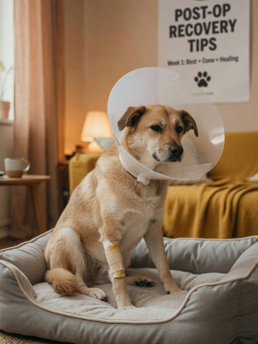 Dog with protective Elizabethan cone collar resting on bed after wound dressing to prevent licking and infection