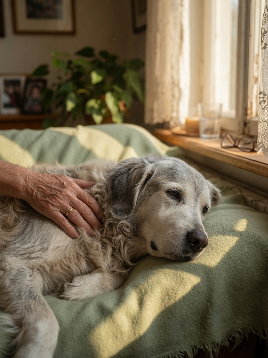Elderly dog resting peacefully with owner's gentle hand on its back by window light