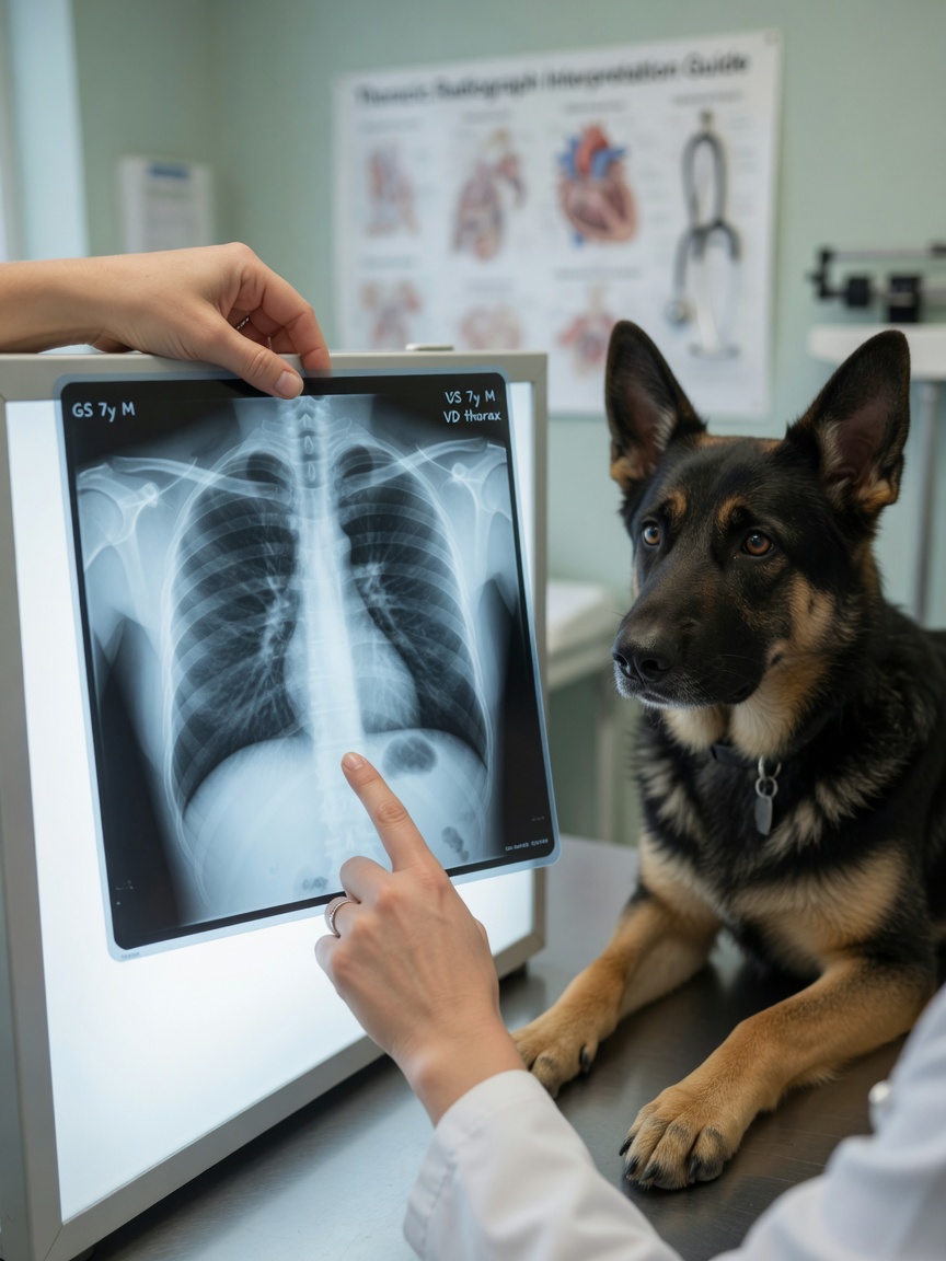Veterinarian examining a chest X-ray on a light box with German Shepherd dog seated nearby on examination table