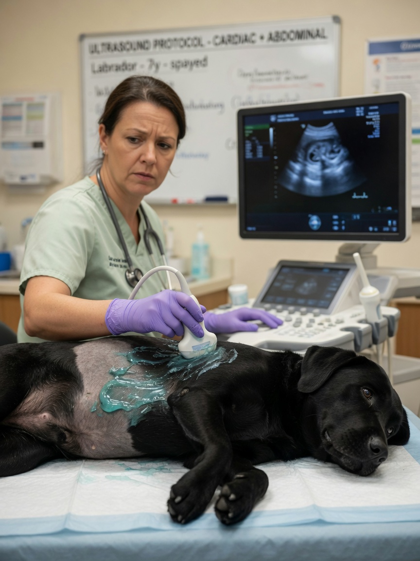 Veterinarian performing abdominal ultrasound on a black Labrador with acoustic gel and probe applied to shaved fur, examining soft tissue organs