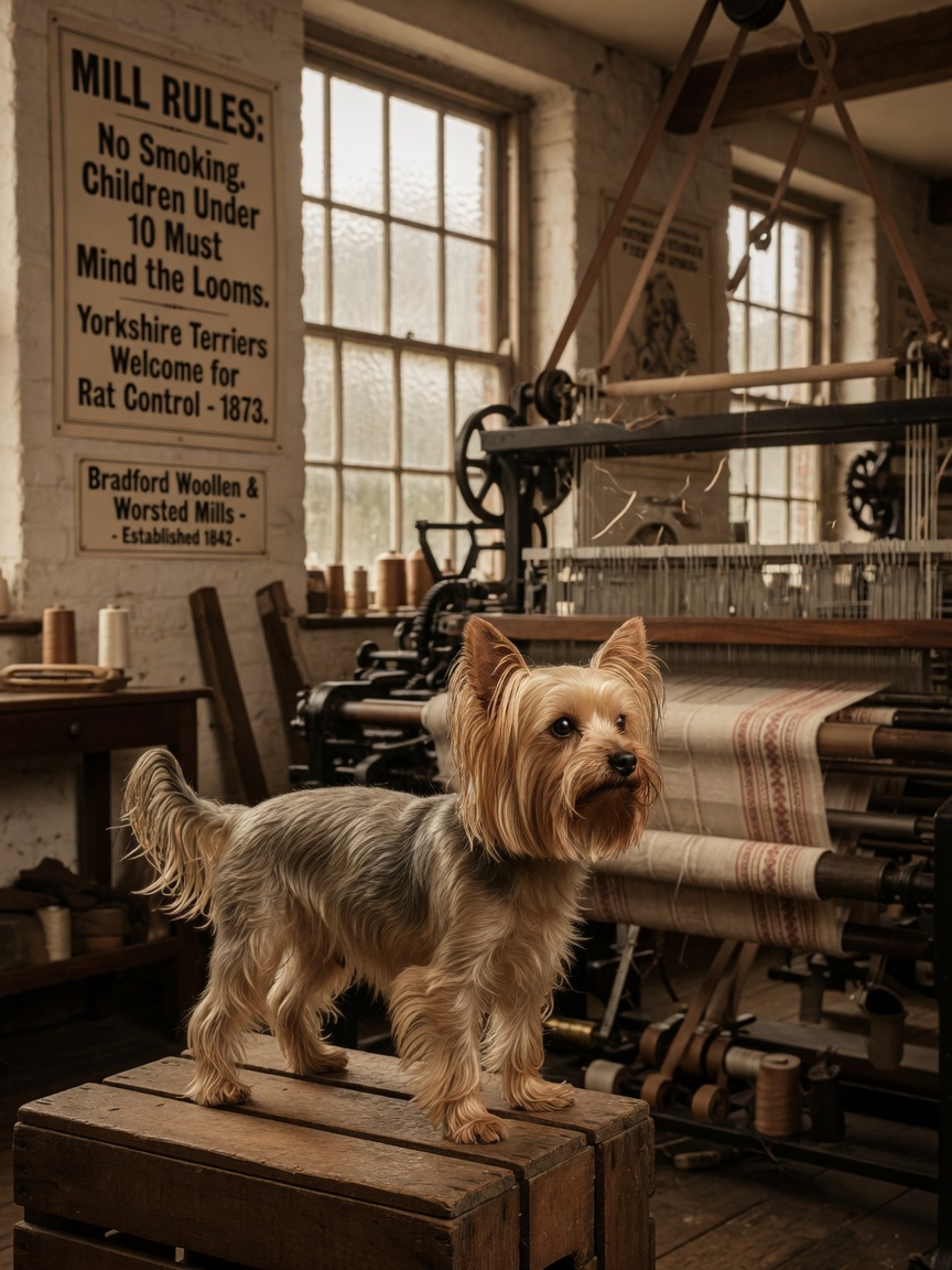 Yorkshire Terrier in a Victorian textile factory setting with historical looms and machinery