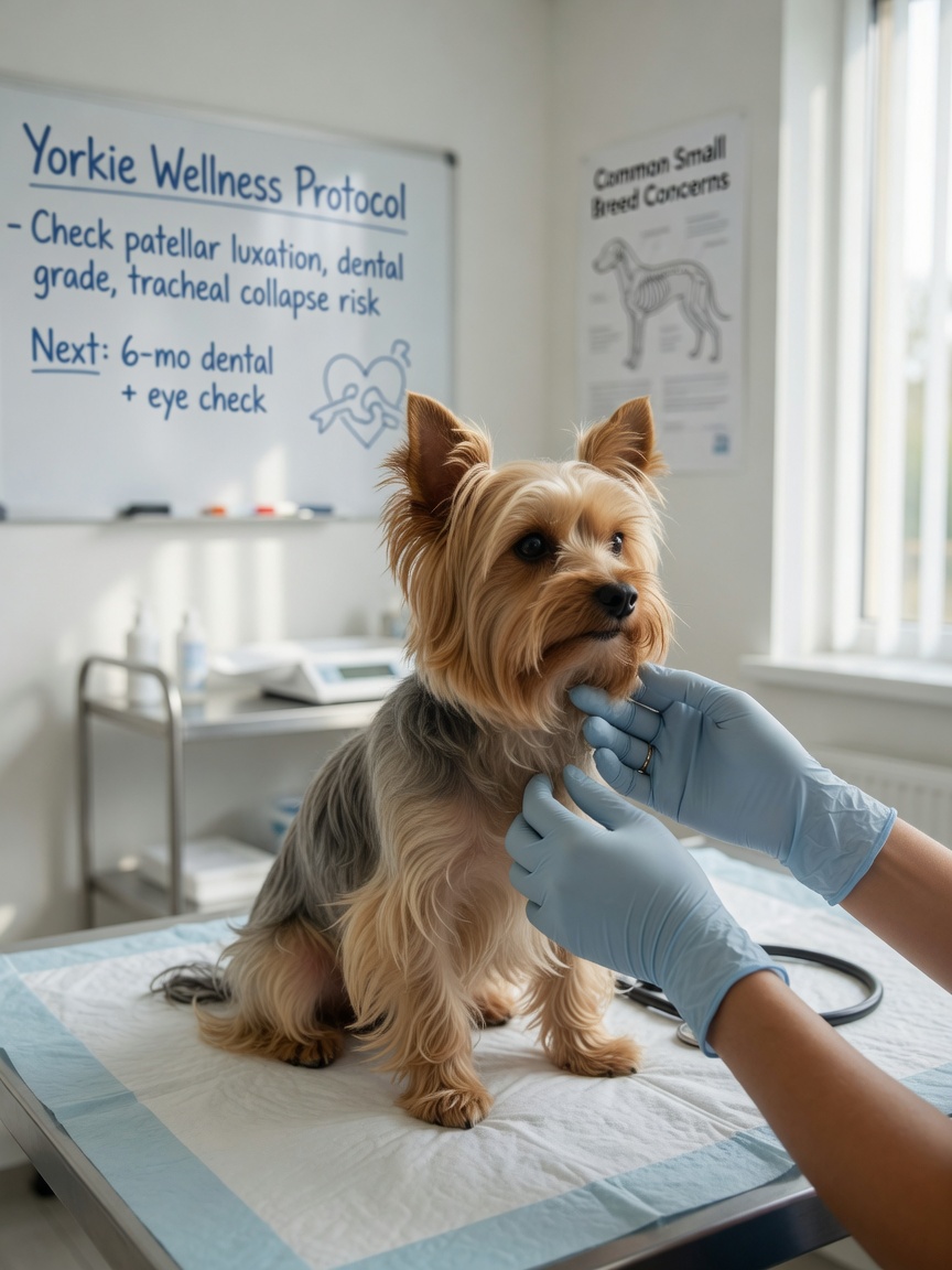 Yorkshire Terrier during a veterinary health check at a clinic examination table