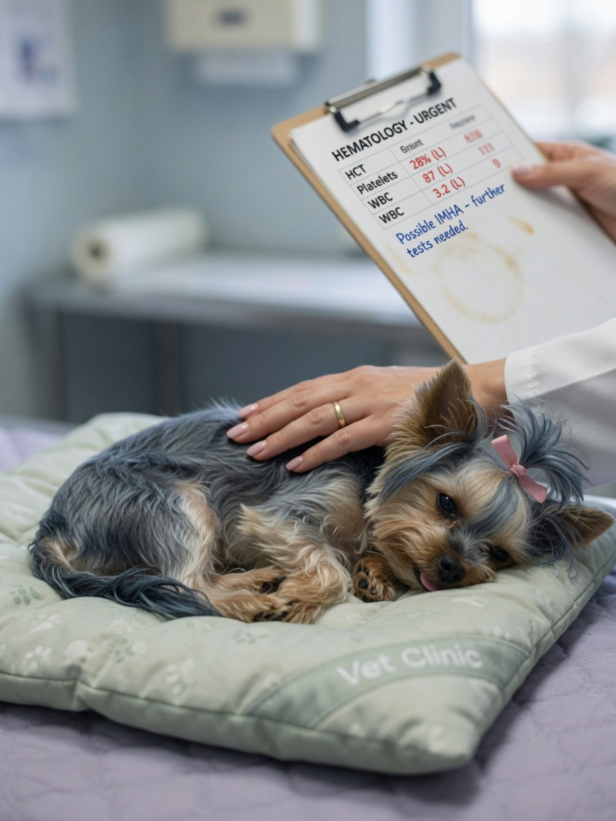 Yorkshire Terrier mostrando signos de enfermedad por shunt hepático con propietario proporcionando comodidad durante consulta veterinaria