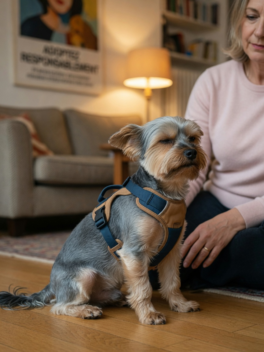Yorkshire Terrier vistiendo un arnés protector para prevenir complicaciones de colapso traqueal