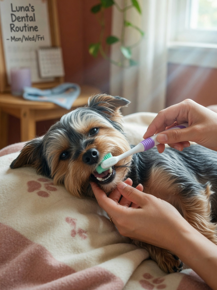 Owner brushing a Yorkshire Terrier's teeth at home with canine toothbrush for preventive dental care