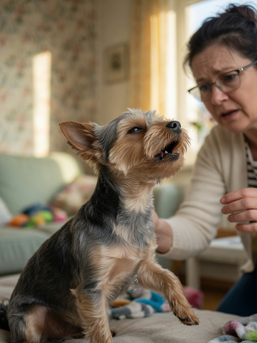 Yorkshire Terrier exhibiting signs of tracheal collapse with characteristic cough posture at home