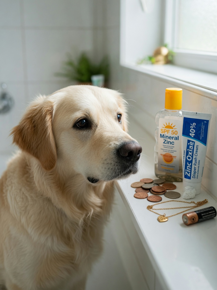 A dog sniffing at bathroom shelf items including coins, sunscreen, and diaper cream