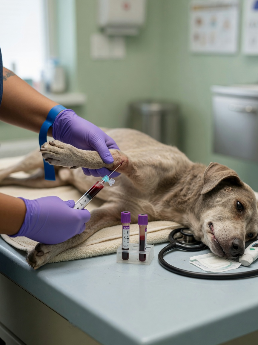 Veterinarian drawing blood sample from a sick dog during examination