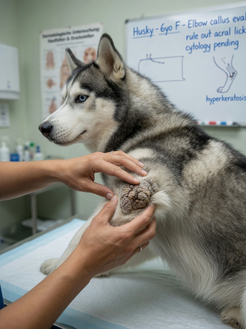 Veterinarian examining a Siberian Husky's elbow, revealing thickened hyperkeratotic skin characteristic of zinc-responsive dermatosis pressure point lesions