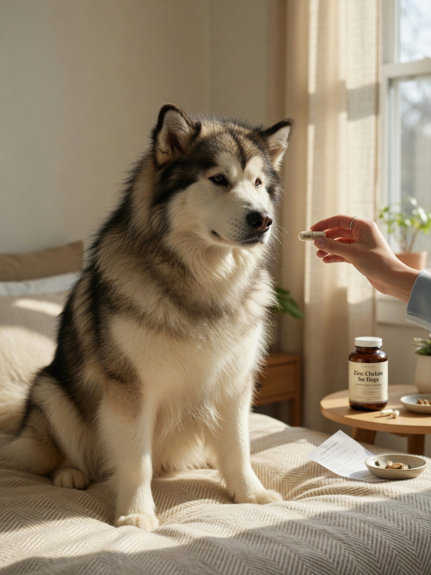 Alaskan Malamute being given zinc supplementation at home, demonstrating treatment for zinc-responsive dermatosis
