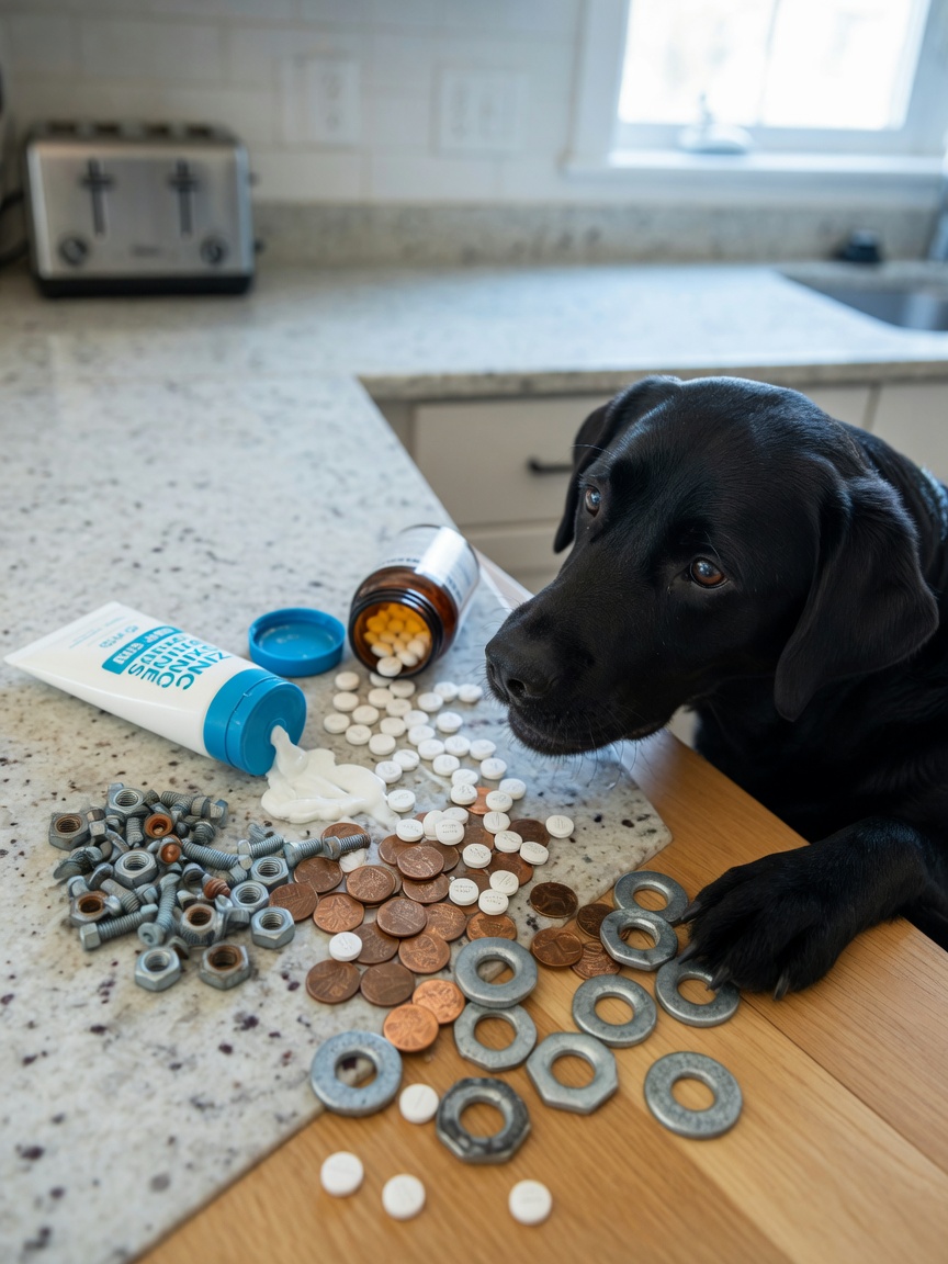 Dog investigating multiple household zinc toxicity sources including coins, nuts, bolts, supplements, and sunscreen on kitchen counter