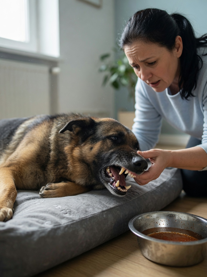 Owner examining pale icteric gums of sick German Shepherd lying on dog bed with discoloured urine in water bowl showing zinc toxicity symptoms