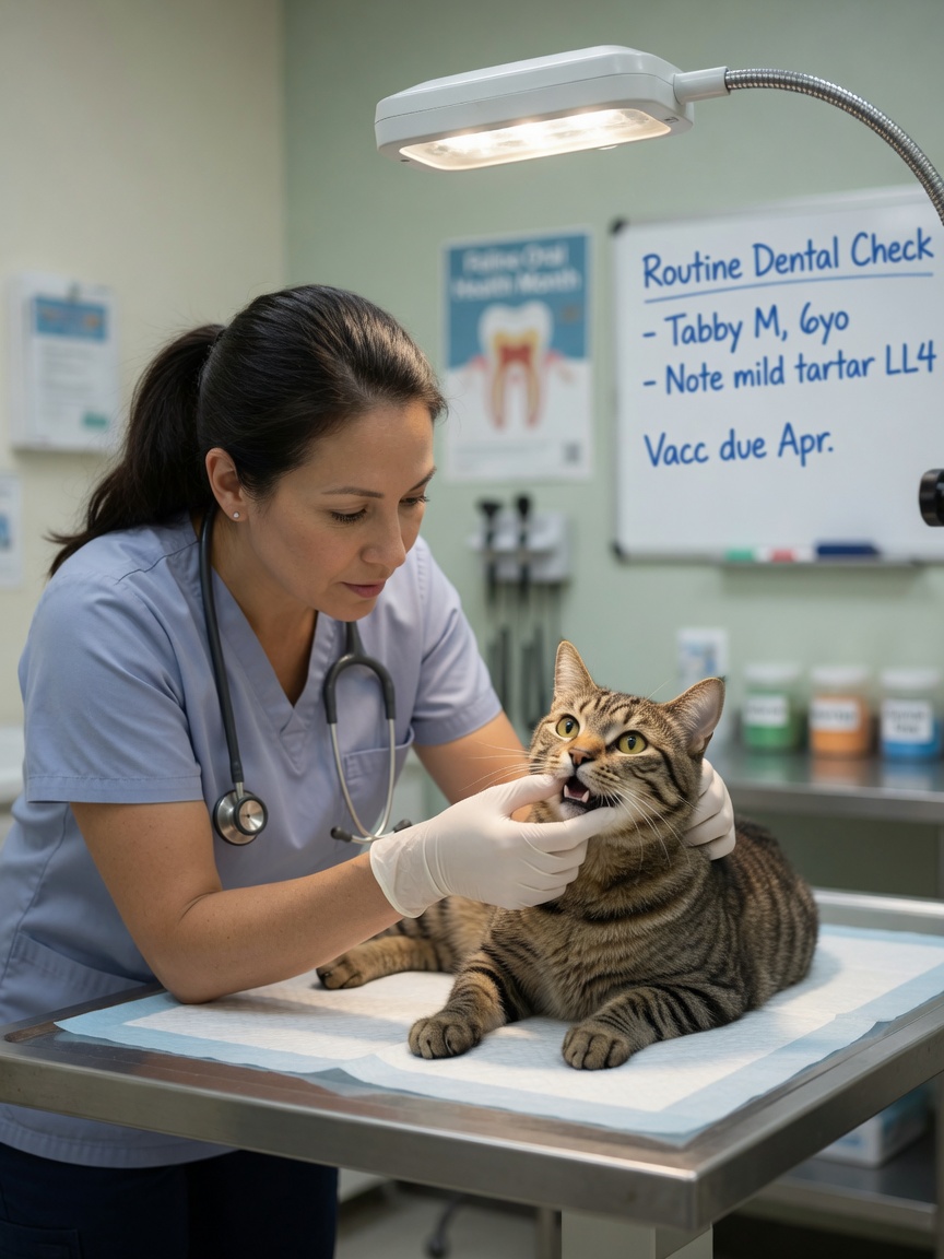 Veterinarian examining tabby cat's mouth during health check