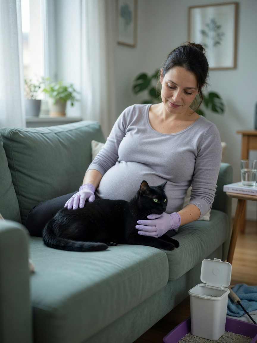 Pregnant woman wearing gloves while safely holding black cat on lap