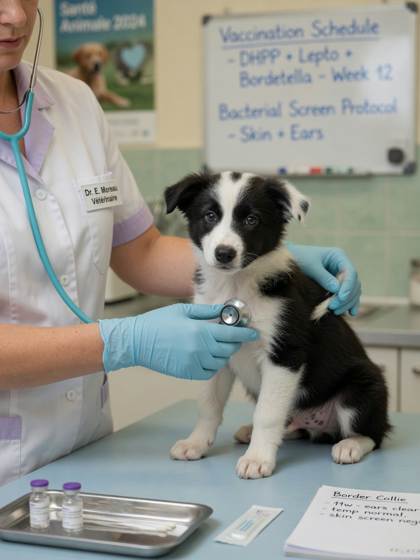 Veterinarian examining a young puppy during health check for bacterial infections and preventive care