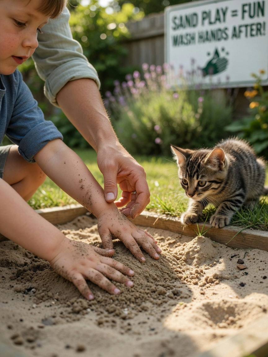 Young child playing in garden sandbox near a tabby kitten, demonstrating potential parasitic transmission risk through soil contact